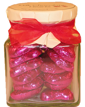 Glass Gift Jar of Chocolate Hearts – Fuchsia Pink